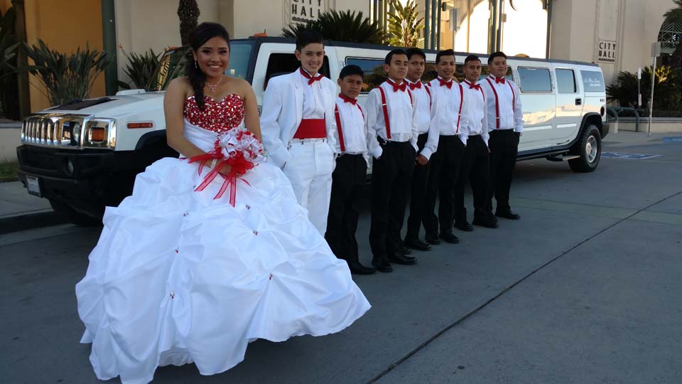 15 year old woman in formal dress 7 young men and a limo