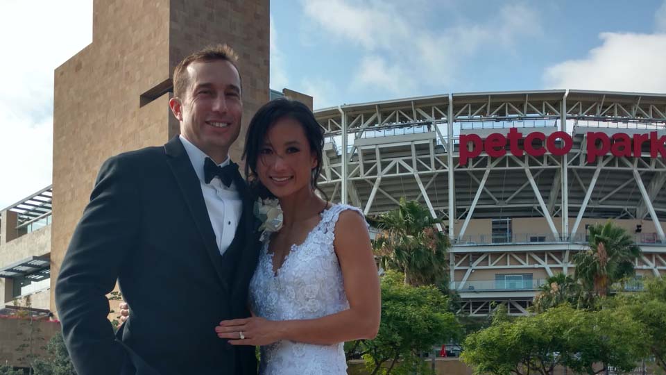 newlyweds outside of Petco Park San Diego