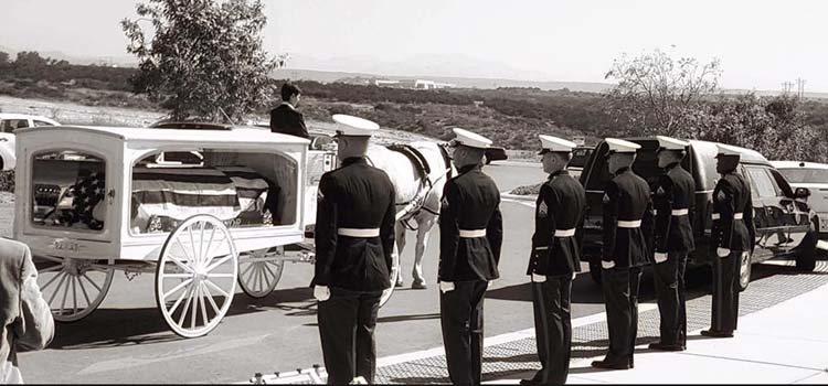 marines at attention horse drawn hearse with casket miramar national cemeter